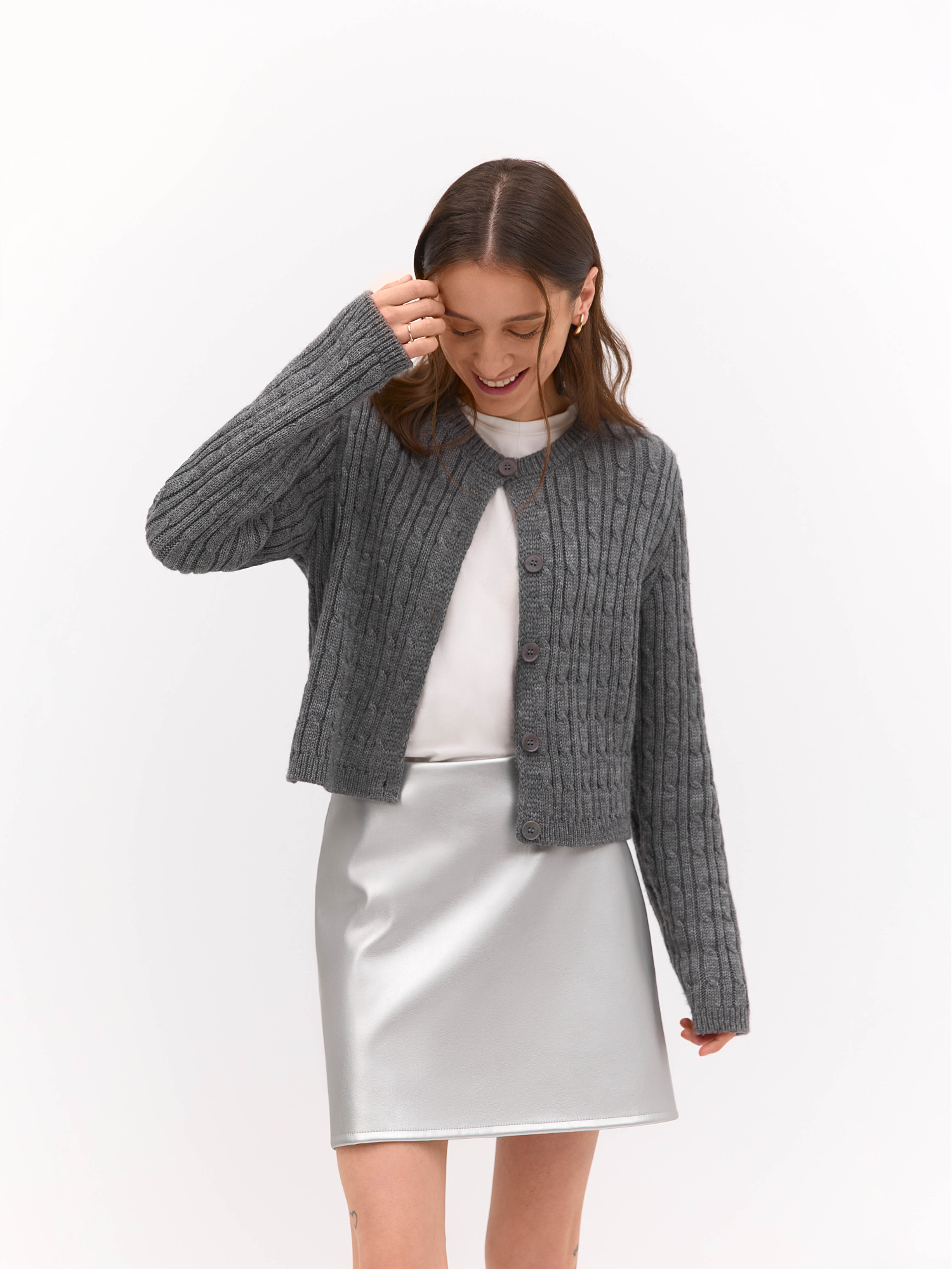 Silver colour eco leather mini skirt