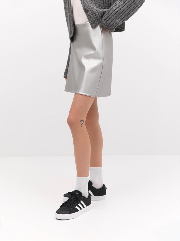 Silver colour eco leather mini skirt