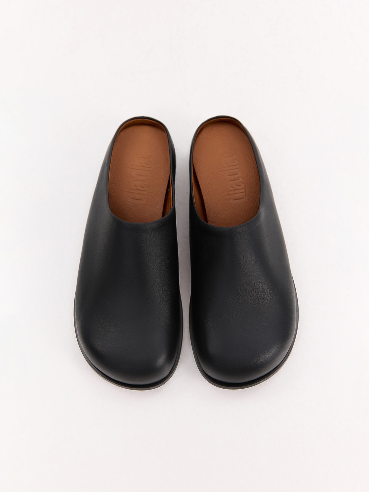 Black leather mules