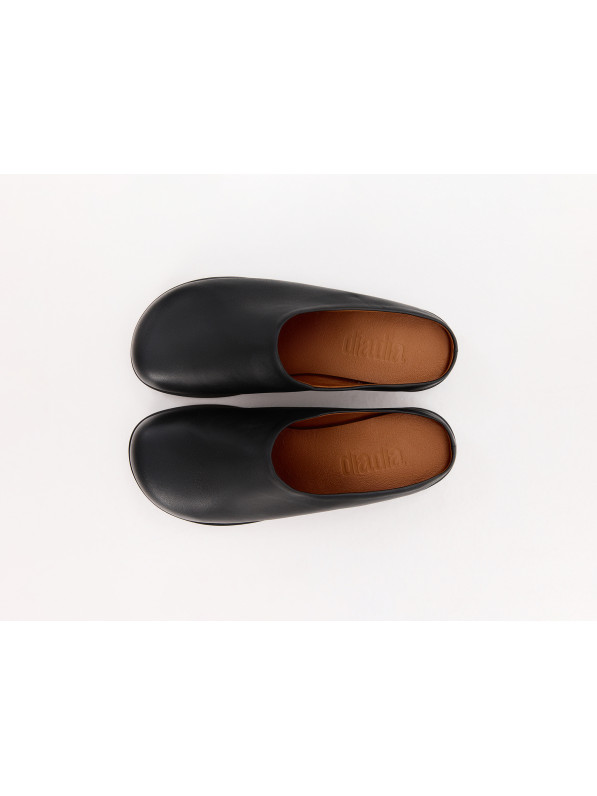 Black leather mules