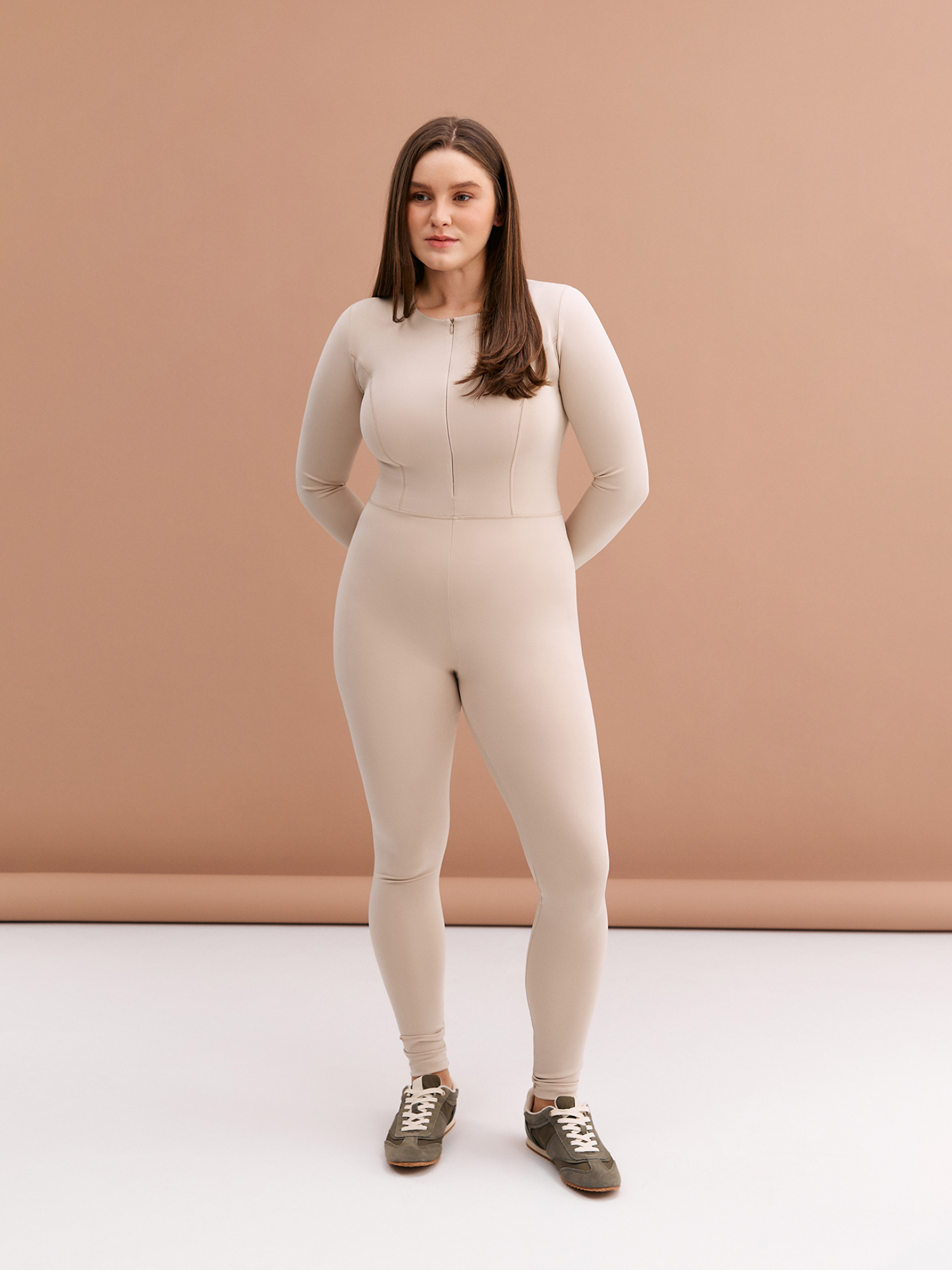 Beige long sleeve jumpsuit