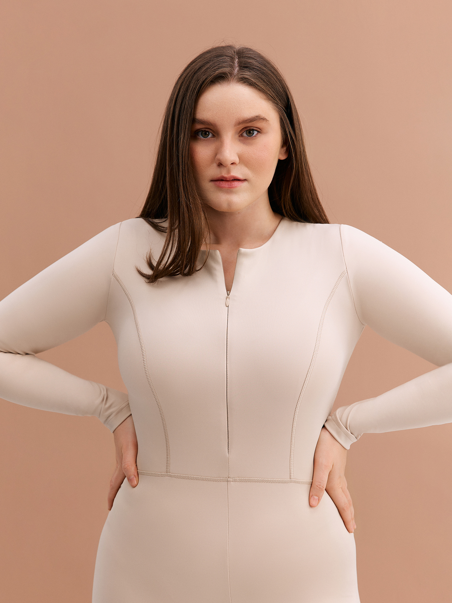 Beige long sleeve jumpsuit
