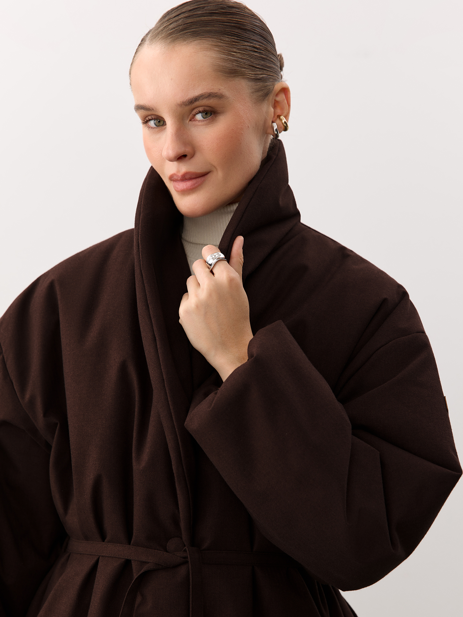 Oversized jacket with shawl collar, brown