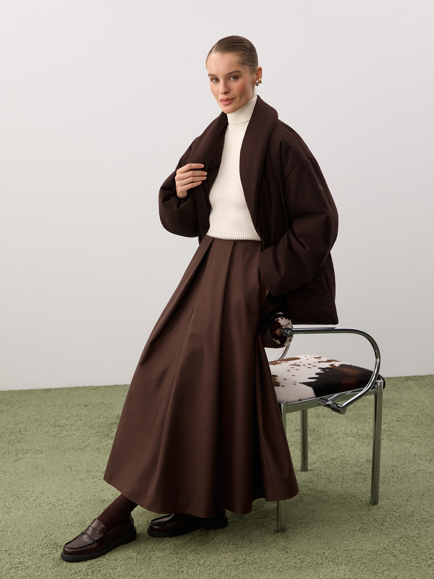 Oversized jacket with shawl collar, brown