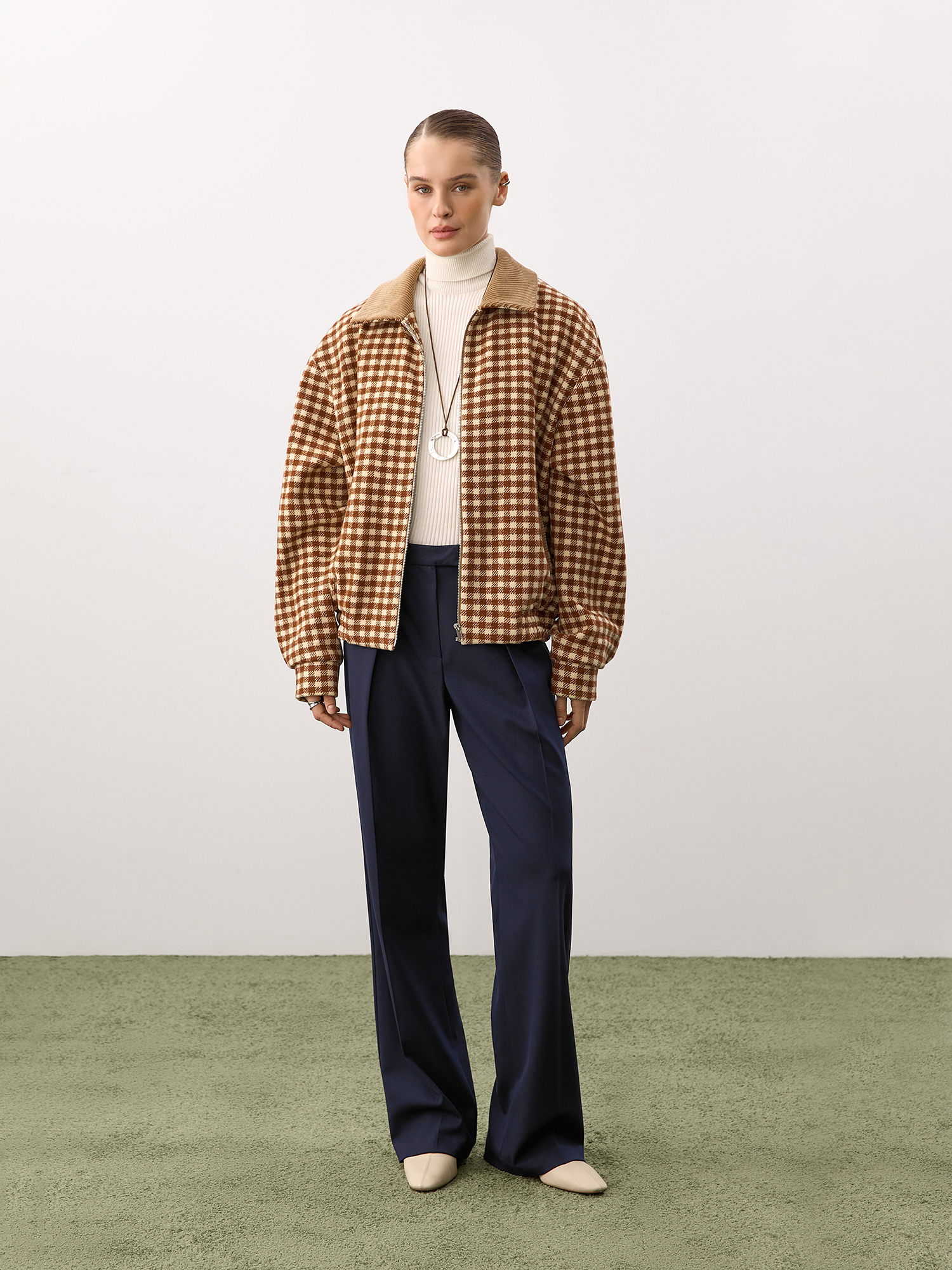Checked wool bomber jacket, brown