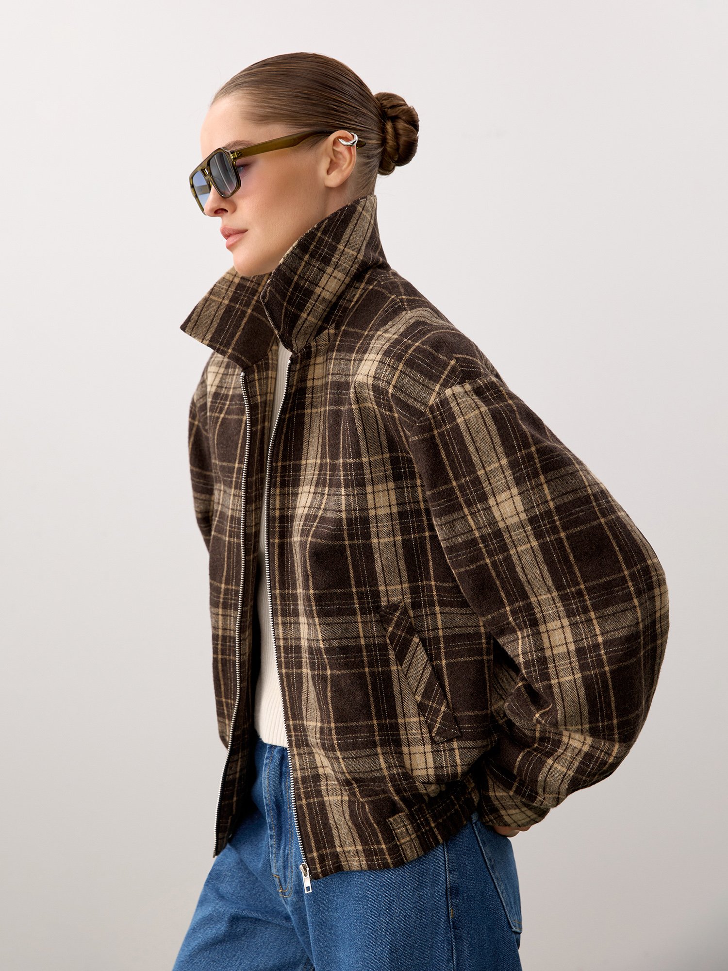 Checked wool bomber jacket, dark brown