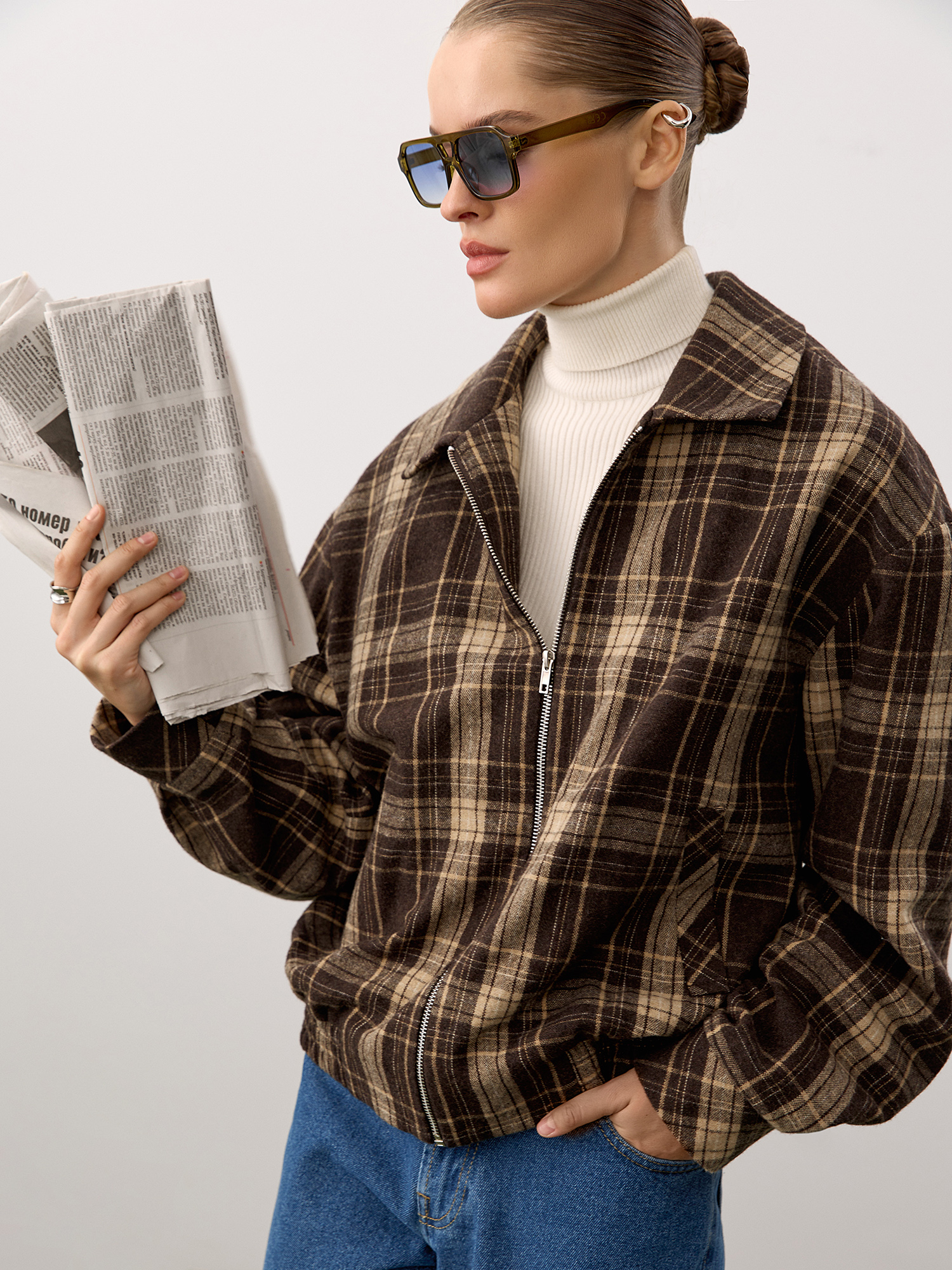 Checked wool bomber jacket, dark brown