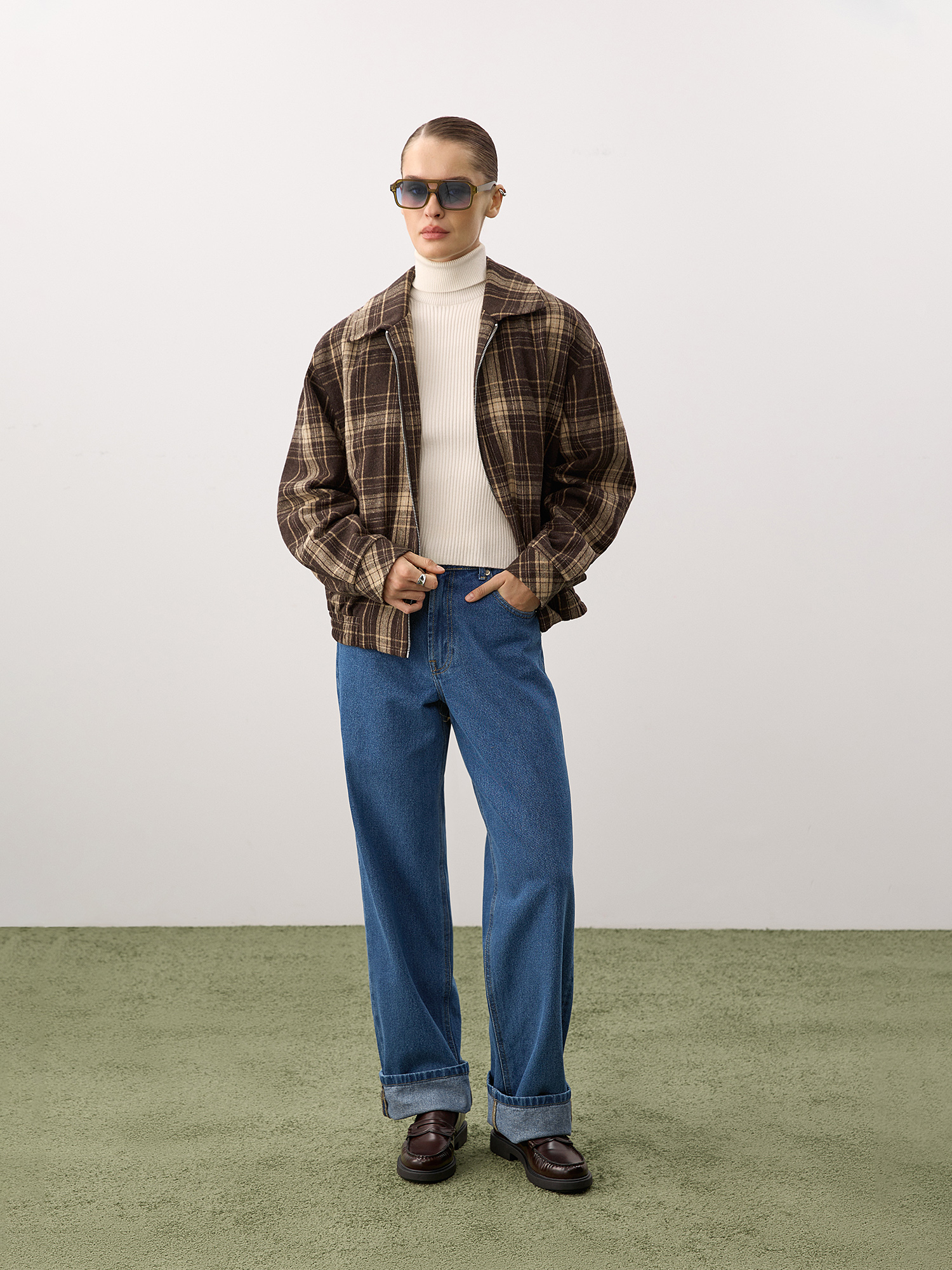 Checked wool bomber jacket, dark brown