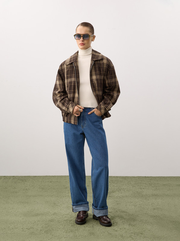 Checked wool bomber jacket, dark brown
