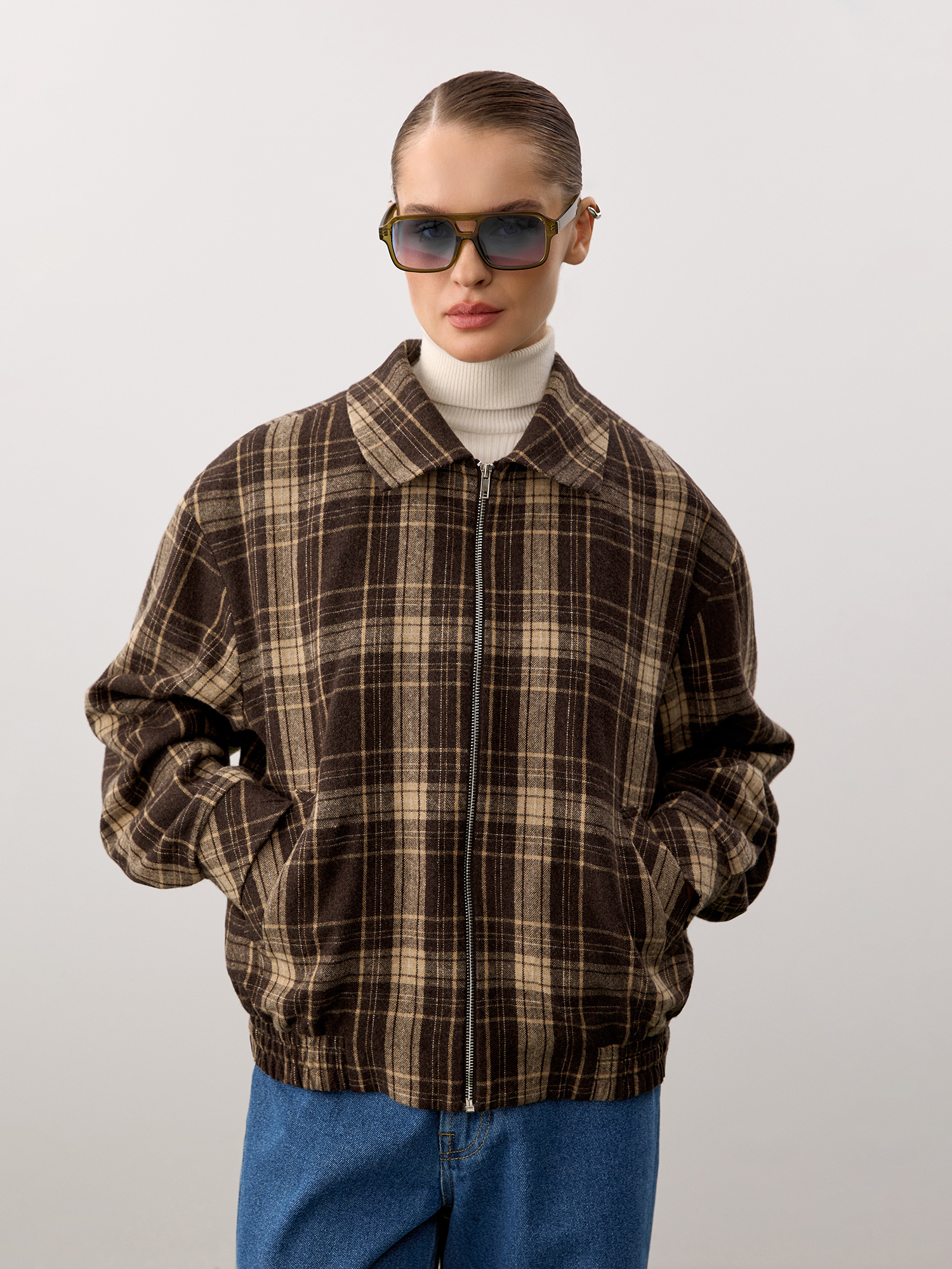 Checked wool bomber jacket, dark brown