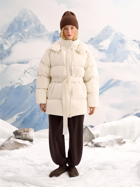 Long down jacket, insulated with eco-down, milky