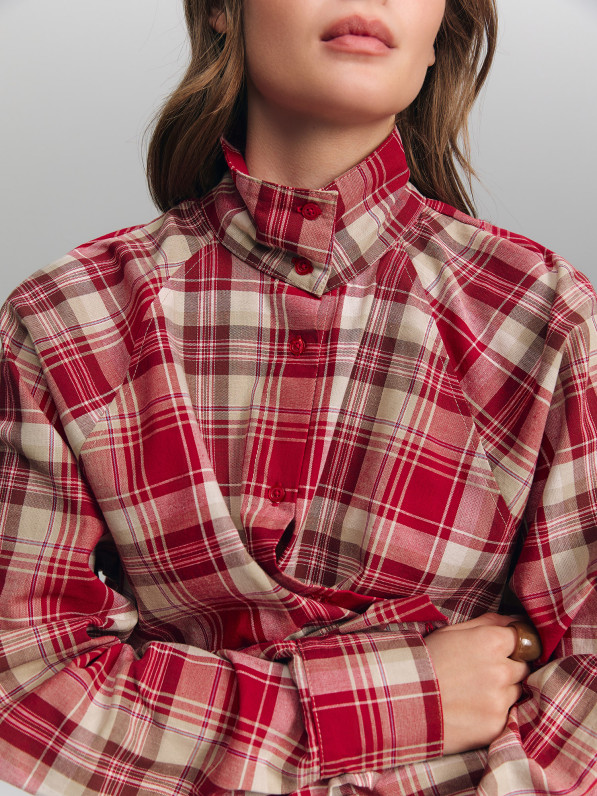 Checkered shirt with stand-up collar, red