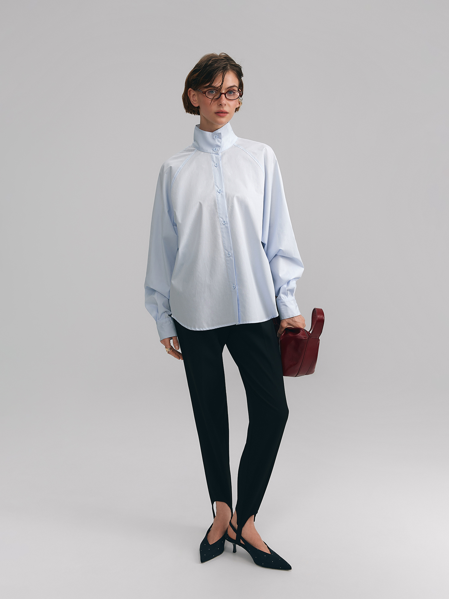 Shirt with stand-up collar, light blue