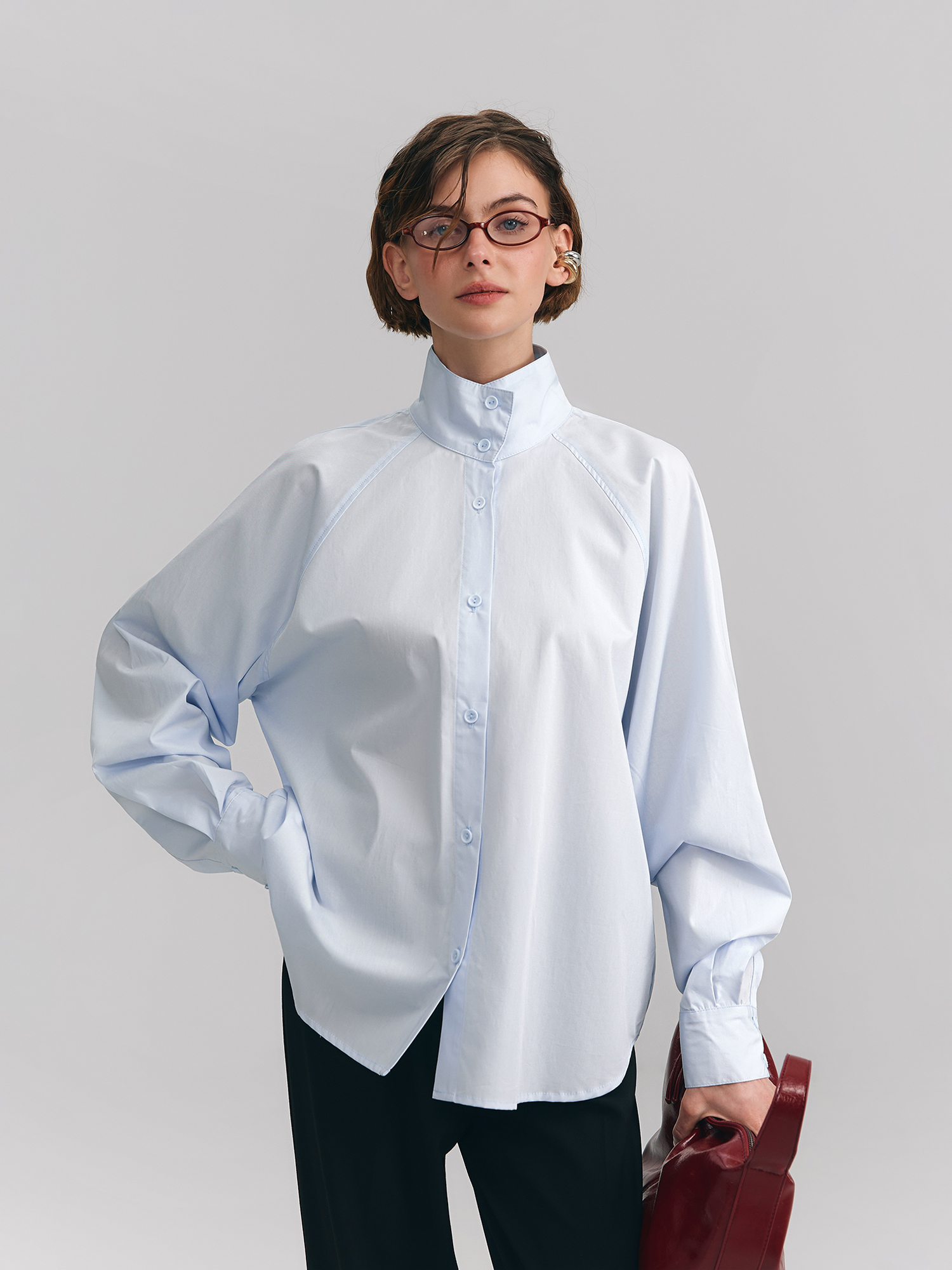Shirt with stand-up collar, light blue
