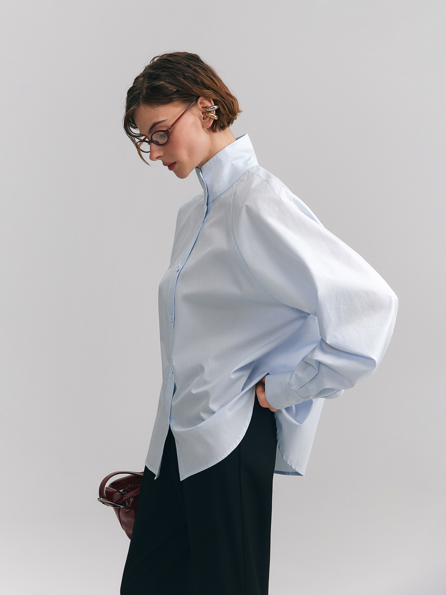 Shirt with stand-up collar, light blue