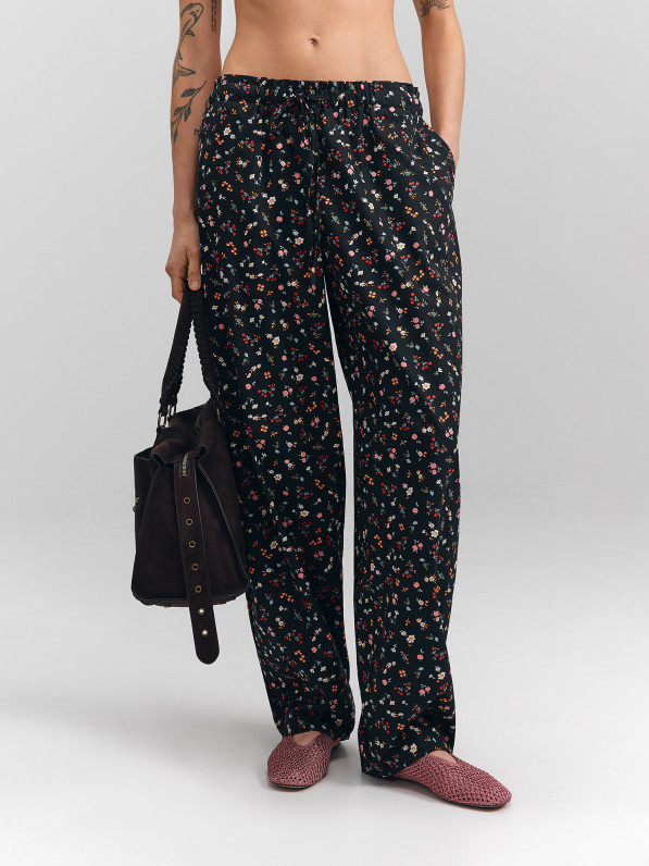 Floral cotton pants, black