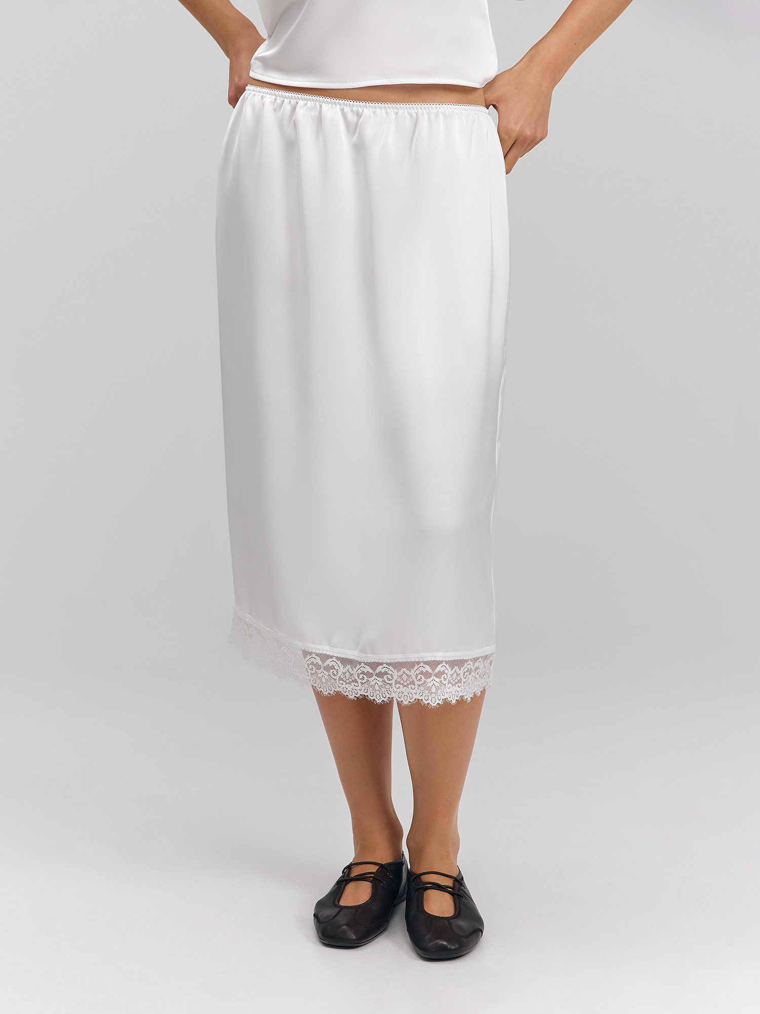 Satin skirt with lace, white