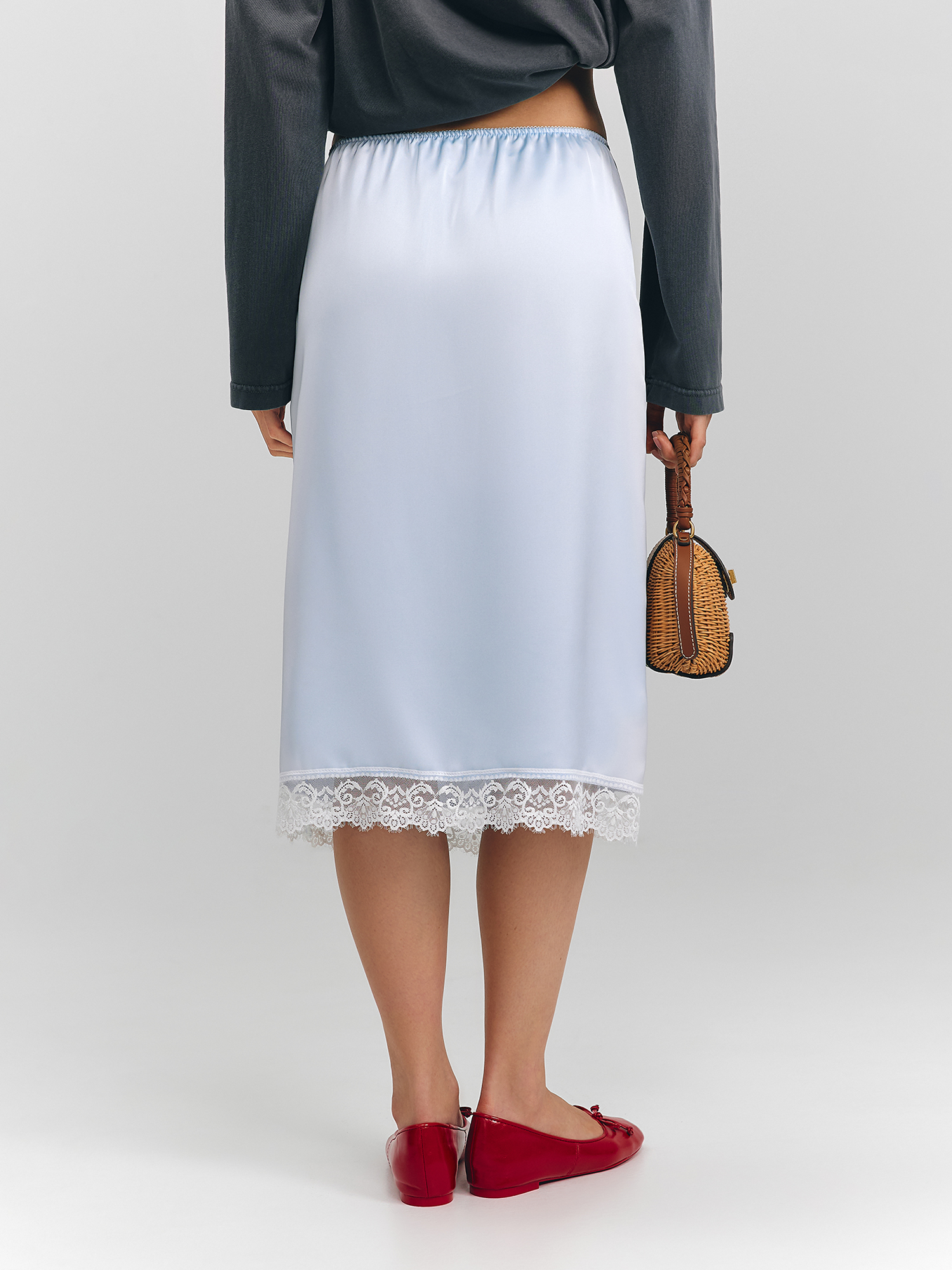 Satin skirt with lace, blue