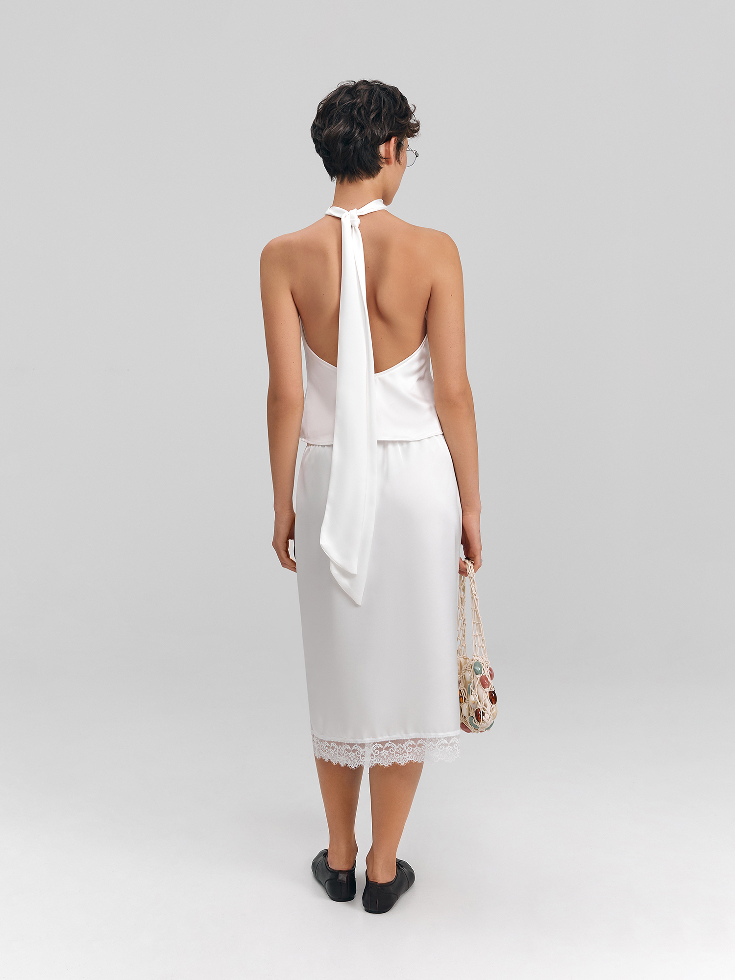 Satin skirt with lace, white
