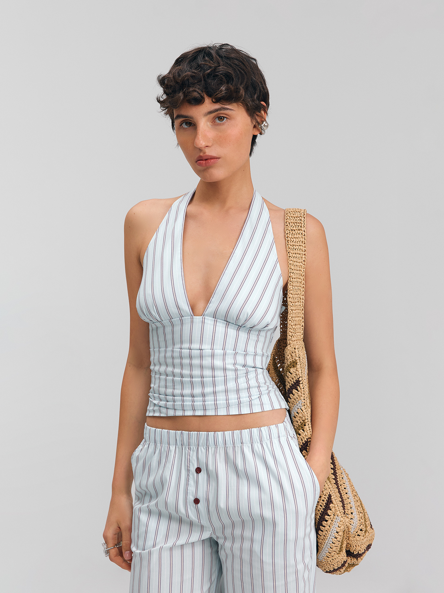 Striped neckline top, blue