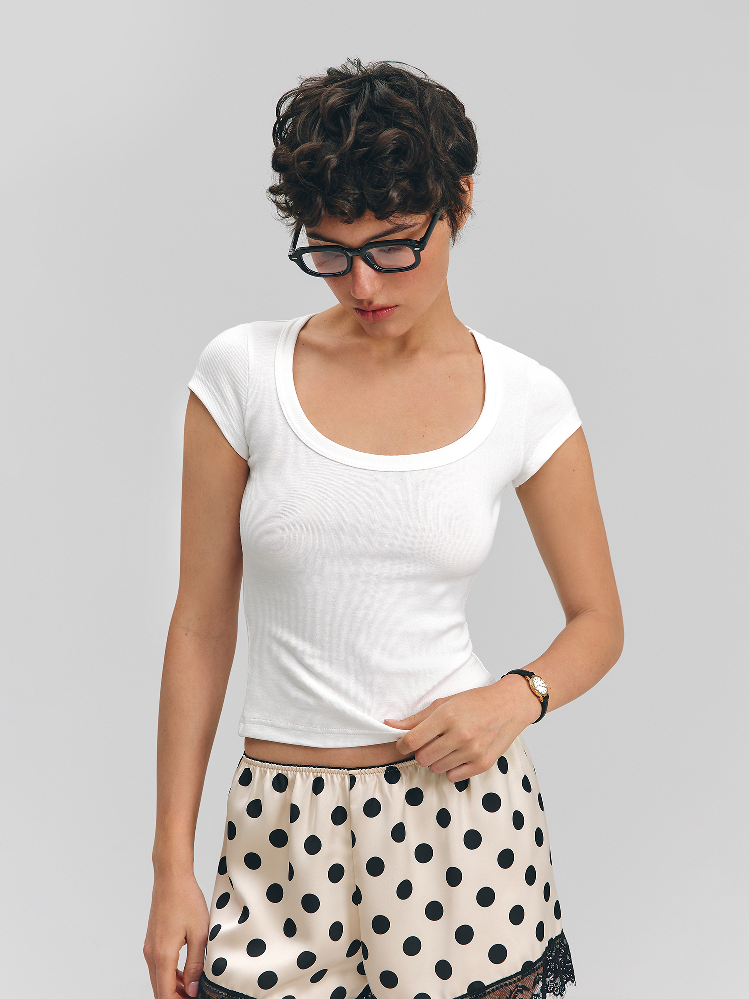 Satin polka dot shorts, beige