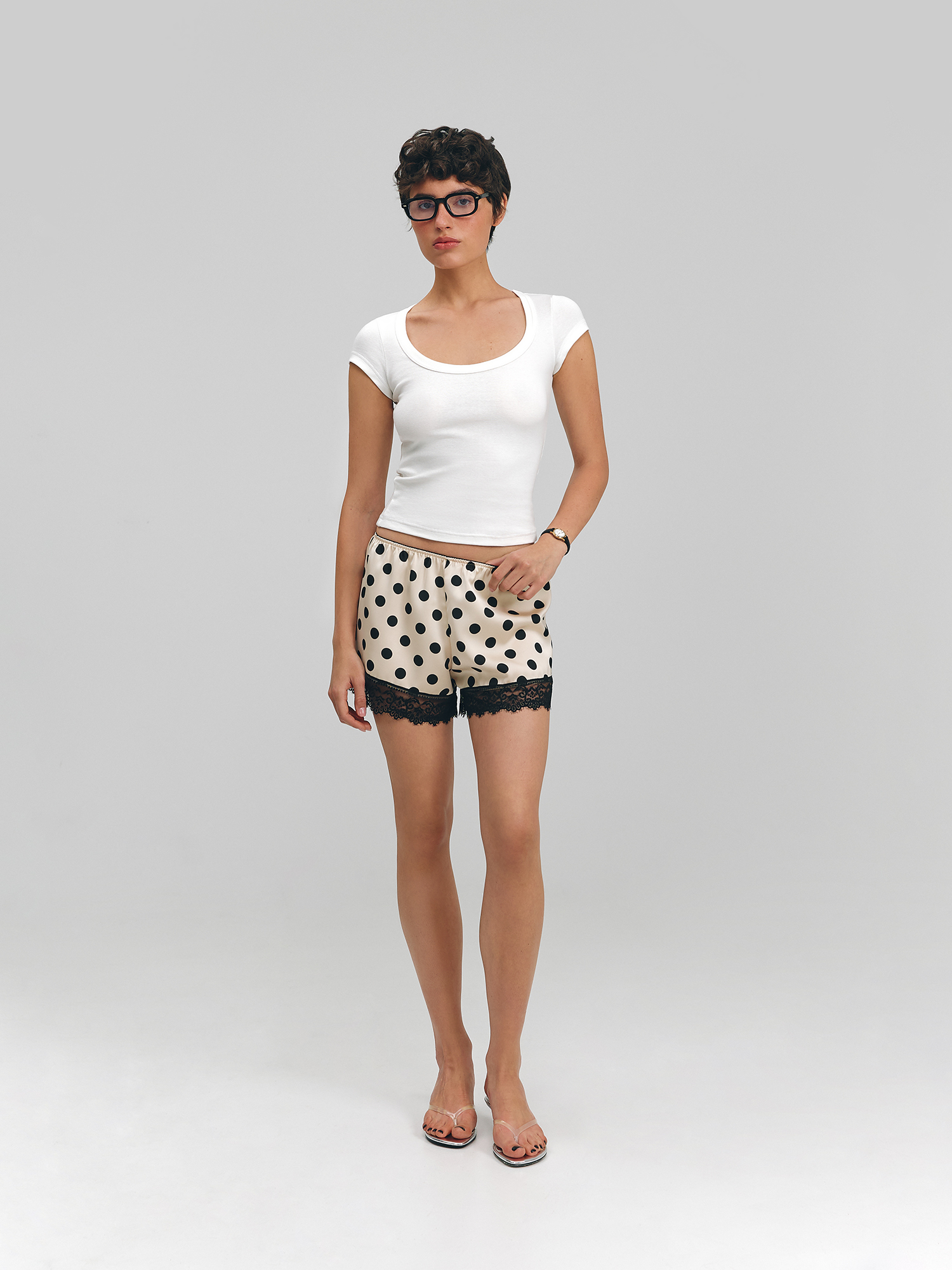 Satin polka dot shorts, beige