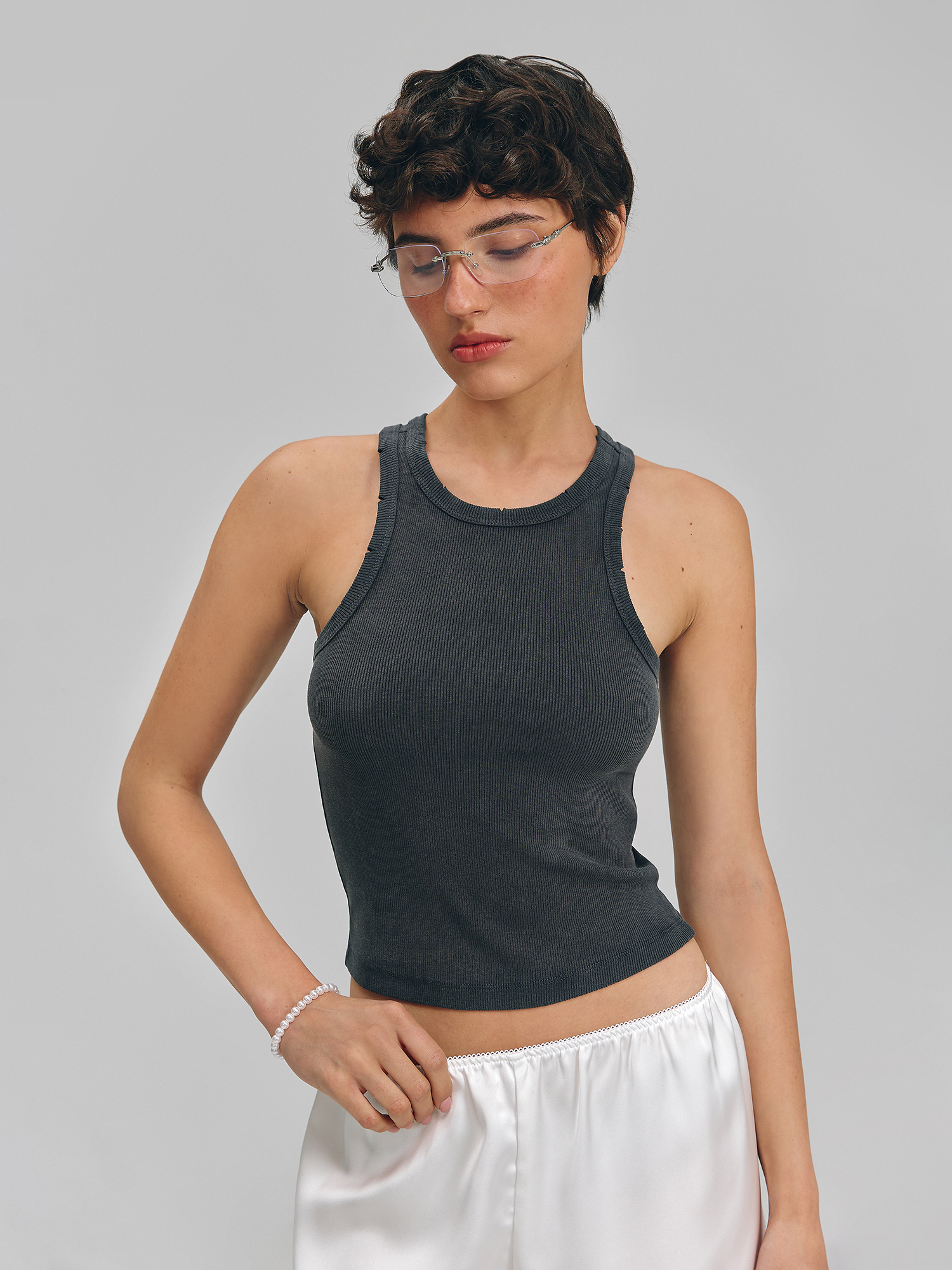 Washed ribbed T-shirt, dark gray
