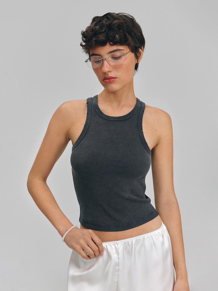 Washed ribbed T-shirt, dark gray